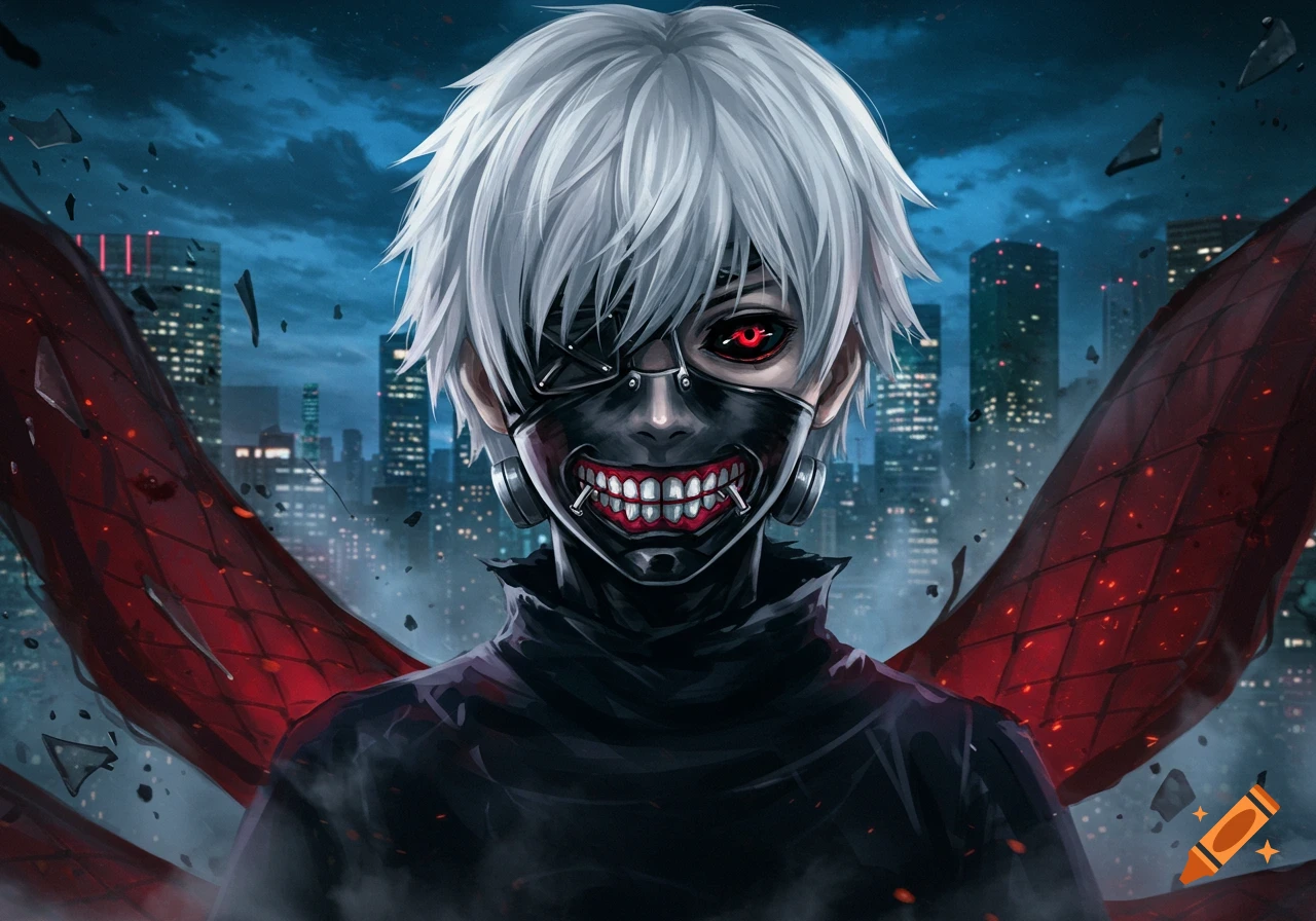 White-haired anime character Ken Kaneki in a black mask with a red-toothed smile and one red eye, with red wings against a dark city.