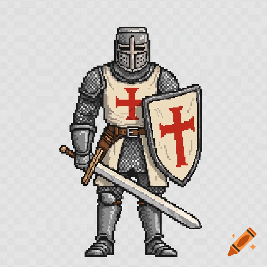 Pixel art sprite of a medieval crusader knight in full armor, holding a sword and a shield with a red cross.
