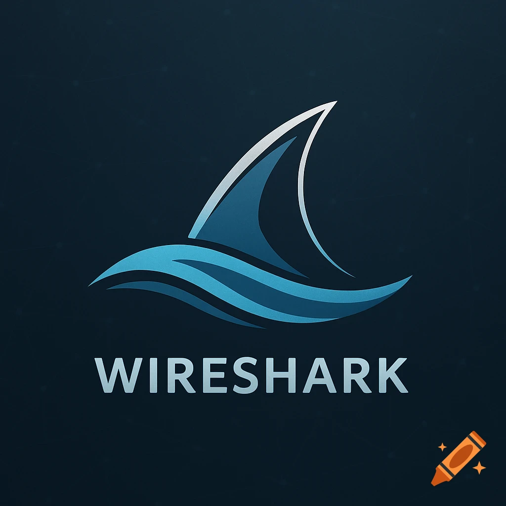 A stylized logo features a white and blue shark fin emerging from blue waves, with the word "WIRESHARK" in capital letters below, on a dark blue background.