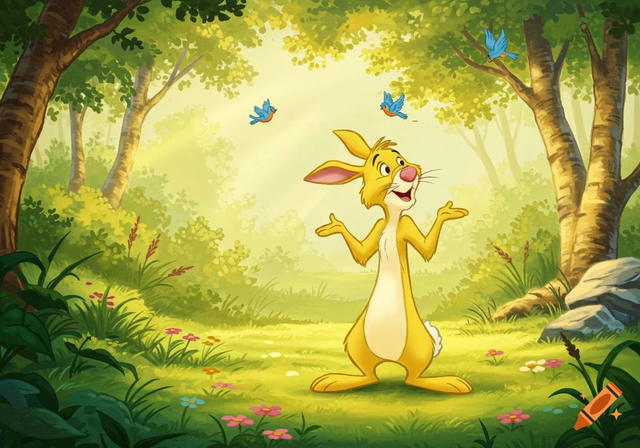Rabbit from Winnie the Pooh stands in a sunny green forest with flowers and blue birds flying, in a cartoon style.