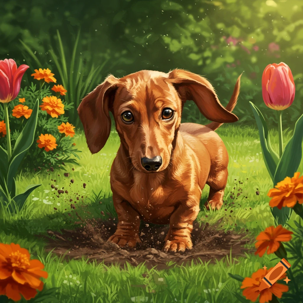A cute brown dachshund puppy stands in a hole in a vibrant green garden, surrounded by red tulips and orange marigolds, in an illustrative style.