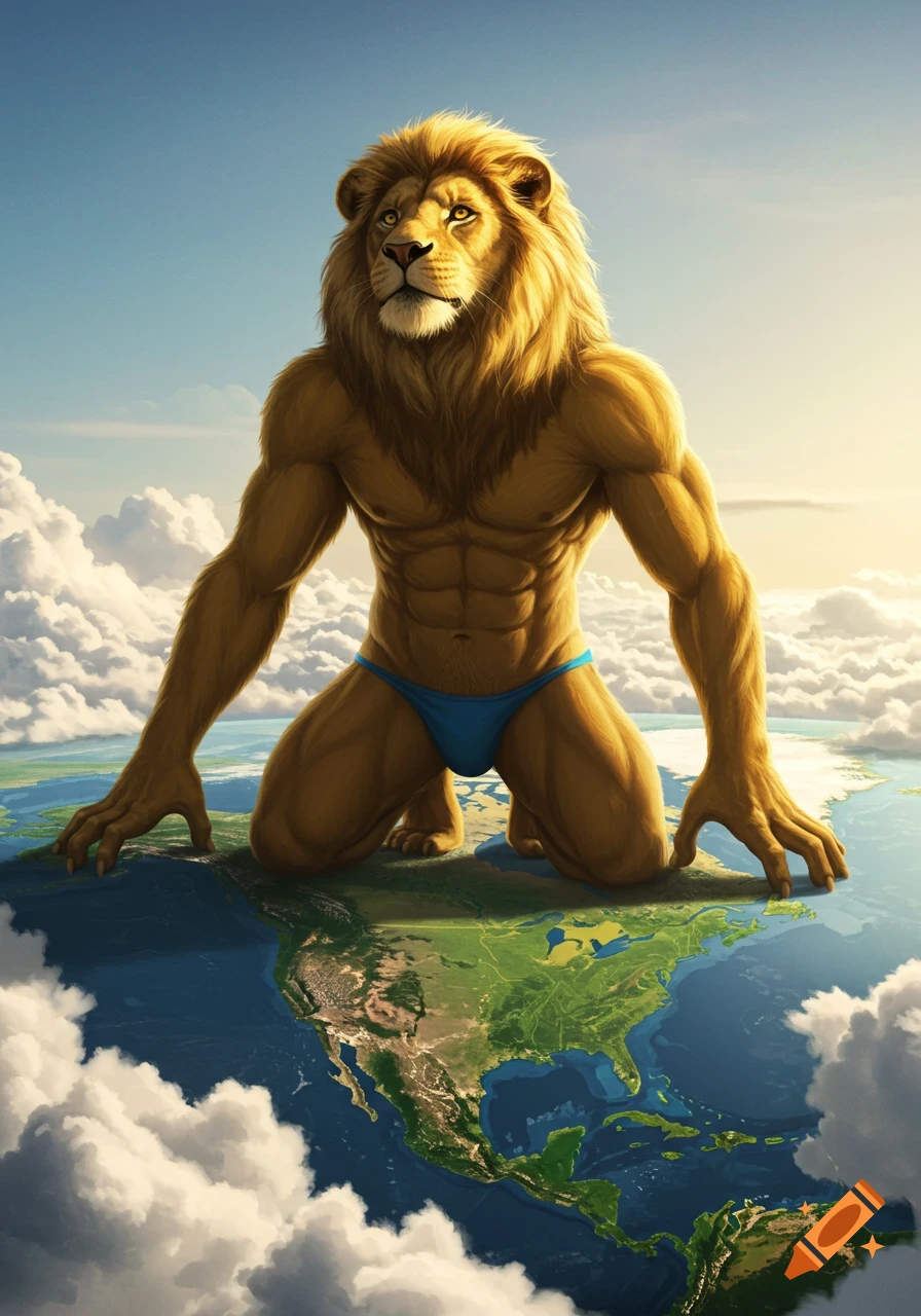 A gigantic, muscular, anthropomorphic lion in a blue speedo kneels on North America, towering into a cloudy sky.