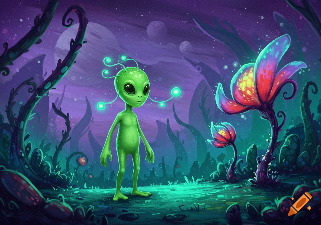 A cartoonish green alien with large black eyes and glowing antennae stands in a vibrant purple and teal alien landscape with glowing plants and distant planets.