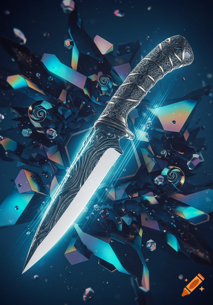A futuristic, stylized knife with a glowing blade and an intricate, textured handle, surrounded by iridescent geometric crystals against a dark blue background.