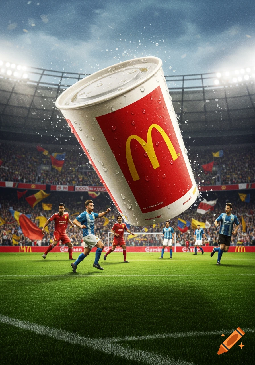 A giant McDonald's soda cup hovers over a vibrant soccer field with players in action during a game at a stadium.