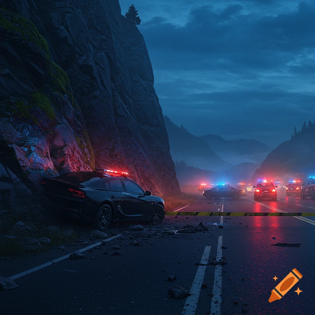 A photorealistic image of a car crashed into a rock wall at dusk, with multiple police cars, flashing red and blue lights, and police tape blocking a mountain road.