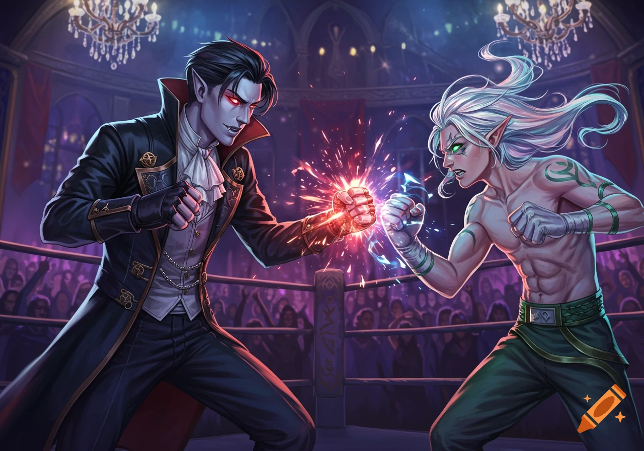Anime illustration of a male vampire and a male elf boxing in a ring, their fists colliding with sparks, watched by an audience.