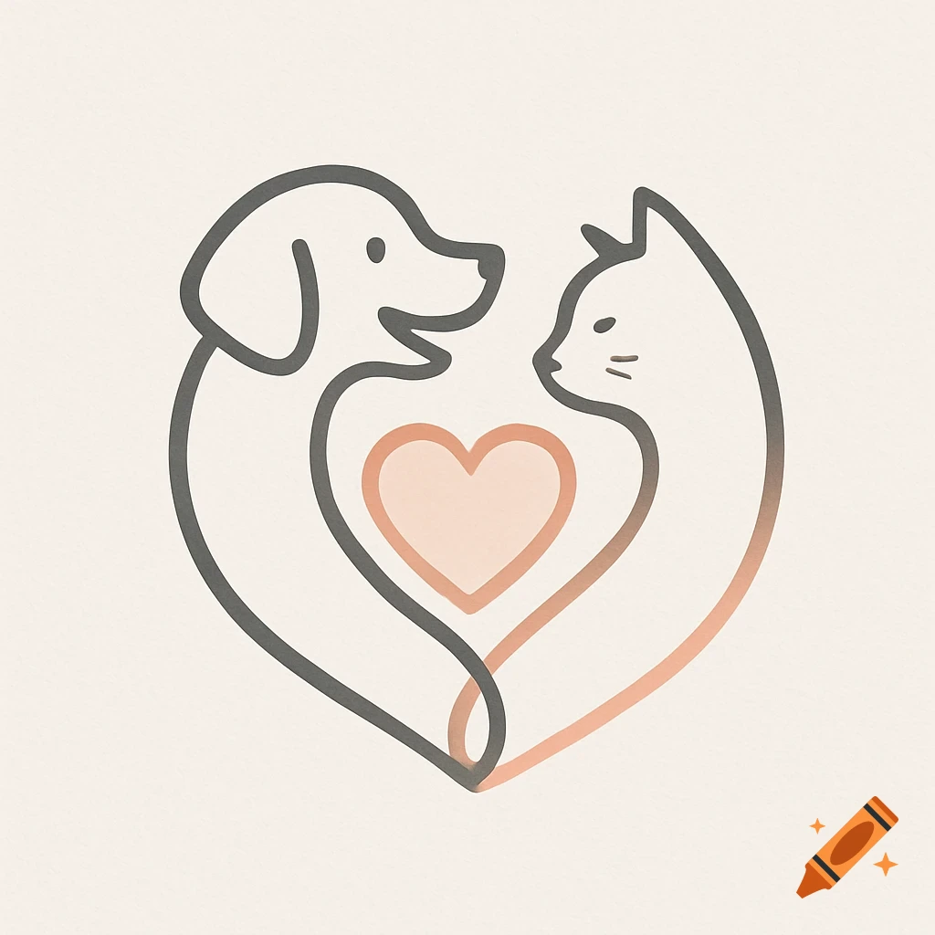 Minimalist line art logo of a dog and cat silhouette facing each other, with their bodies forming a heart shape.