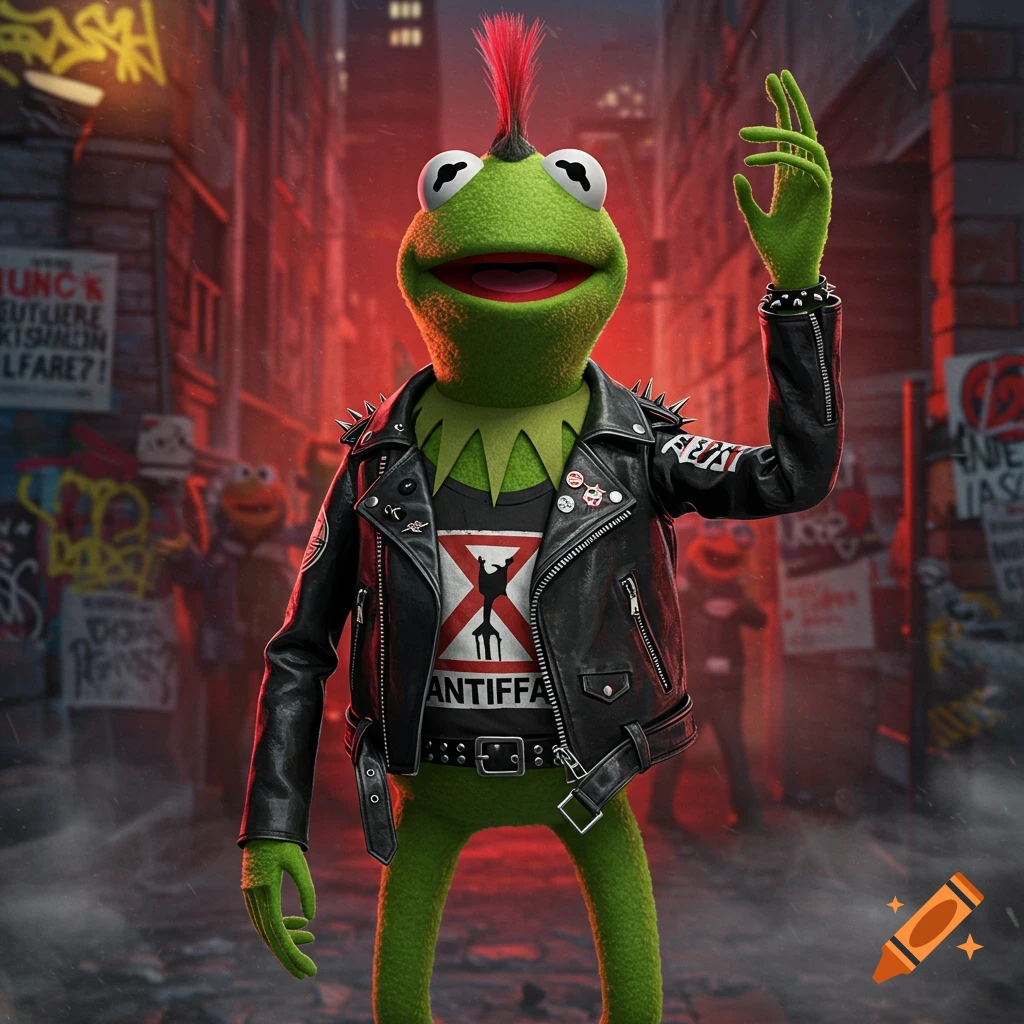 Kermit the Frog as a punk rocker with a red mohawk, black leather jacket, and an 'ANTIFFA' t-shirt, standing in a graffiti-filled alley with red lighting.