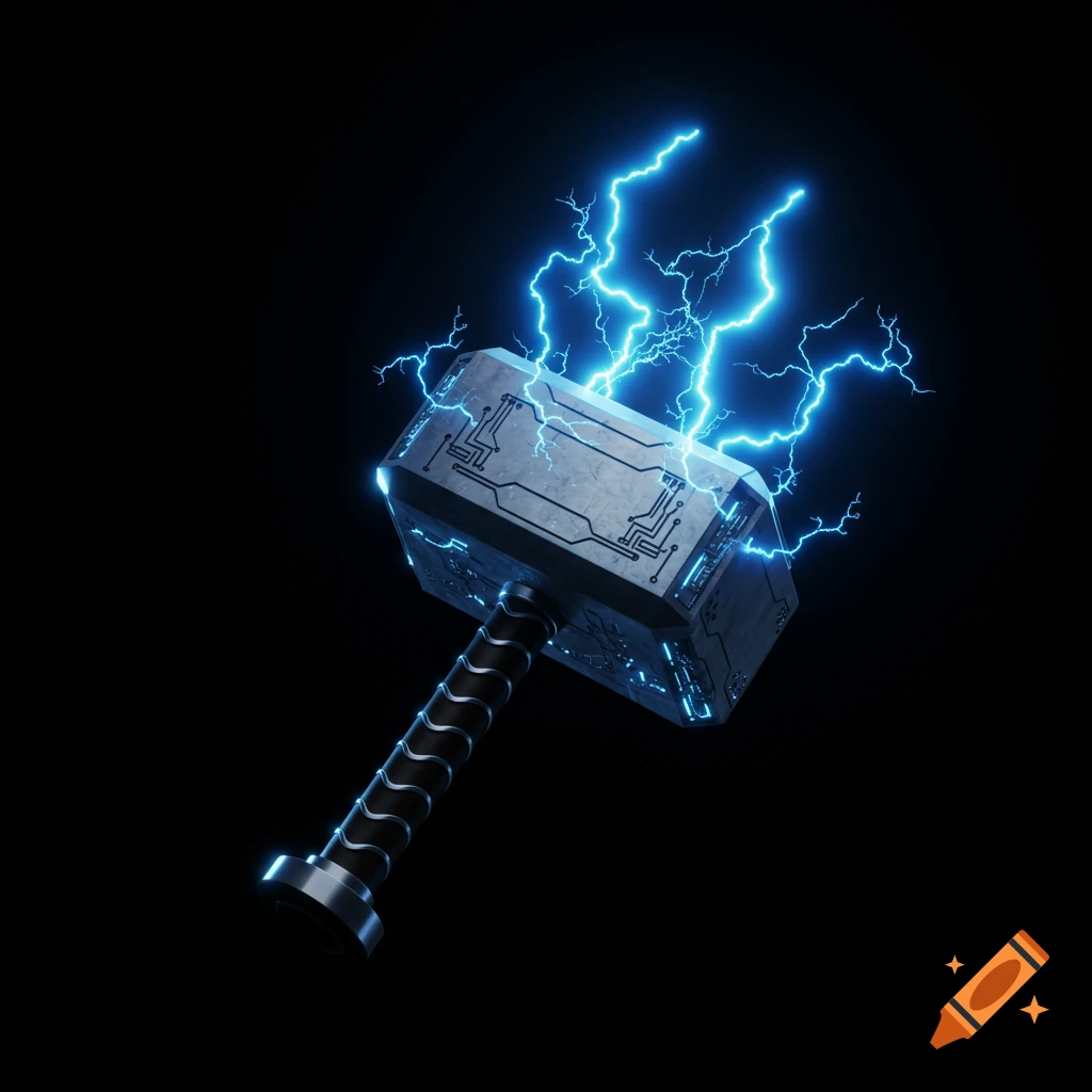 A sci-fi hammer resembling Mjolnir with bright blue lightning arcing upwards from its head, against a dark background.
