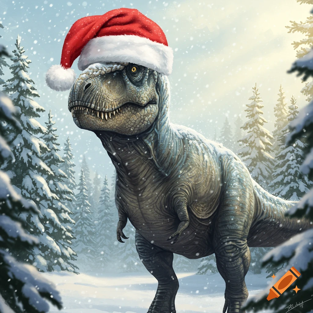 A realistic illustration of a T-Rex wearing a red Santa hat standing in a snowy forest with pine trees and falling snow.