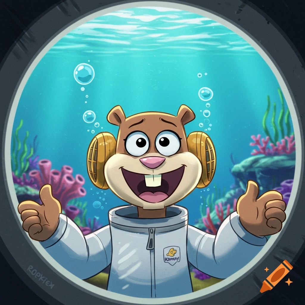 Sandy Cheeks, a cartoon squirrel, smiles widely, giving two thumbs up from inside a submarine porthole, surrounded by an underwater reef with bubbles.