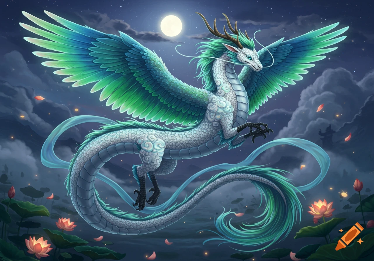 A majestic white dragon with large blue-green feathered wings and mane flies under a full moon in a night sky, surrounded by clouds and pink lotus flowers.
