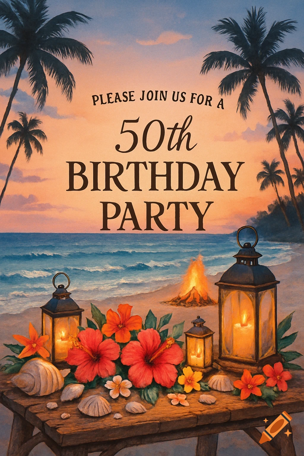 An illustrative 50th birthday party invitation showing a beach at sunset with palm trees, a bonfire, and a table decorated with flowers and lanterns.