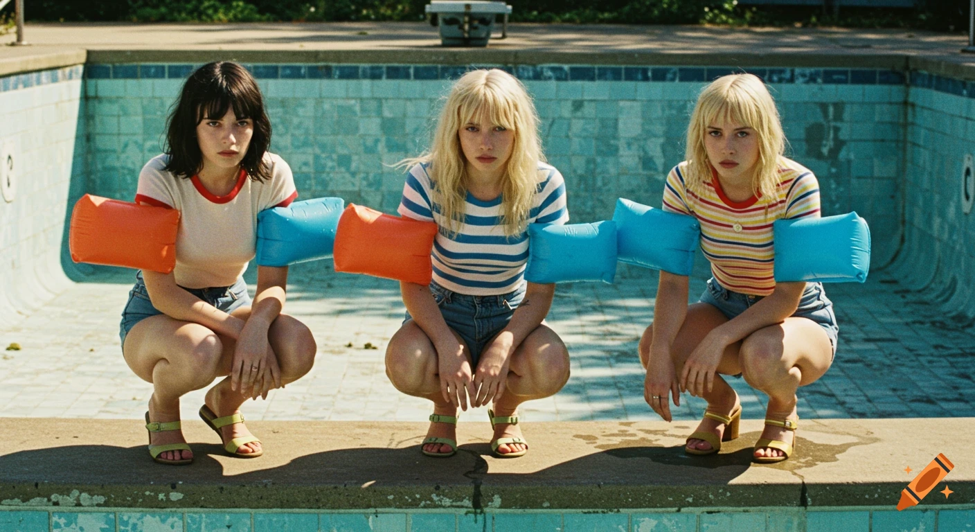Three young women with arm floats squatting by an empty, tiled pool, looking somber in a realistic, indie film style.