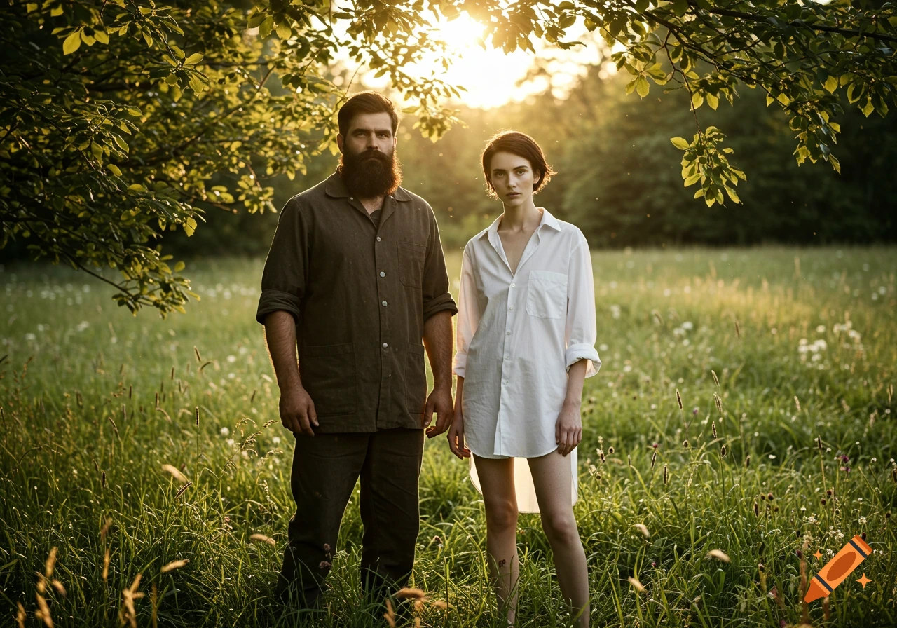 A bearded man and a woman in a white shirt stand in a sunlit grassy field.