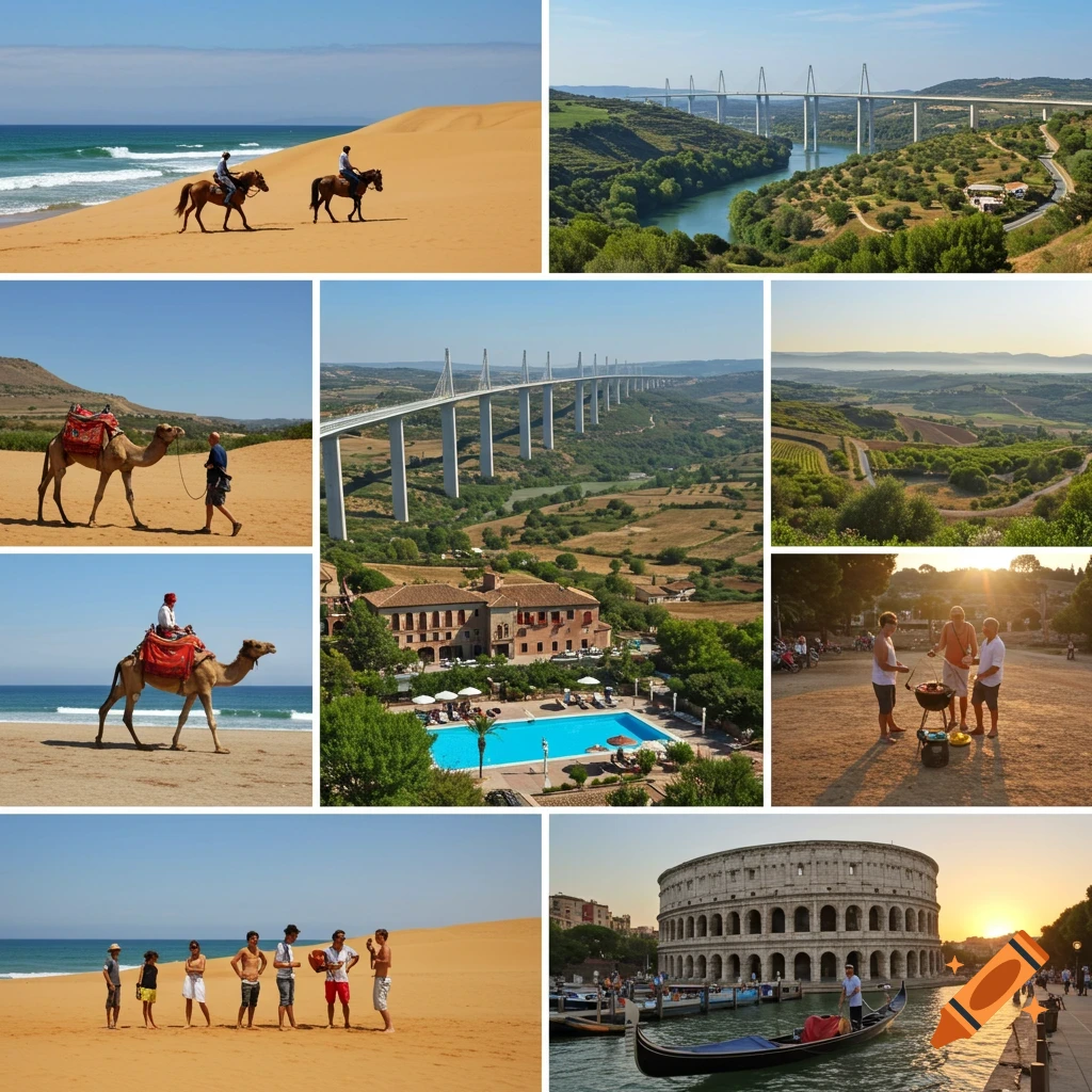 A collage of travel photos including horseback riding on a beach, a camel in the desert, the Millau Viaduct, a resort pool, a barbecue, people on a beach, and the Colosseum with a gondola.