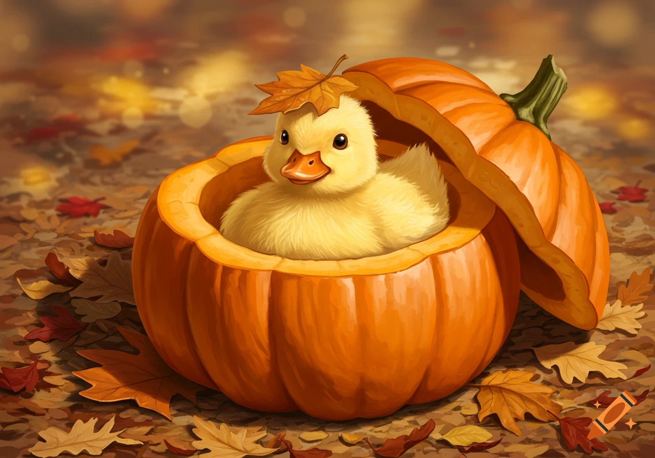 A fluffy yellow duckling sits inside a carved orange pumpkin, wearing an autumn leaf, surrounded by fall leaves.