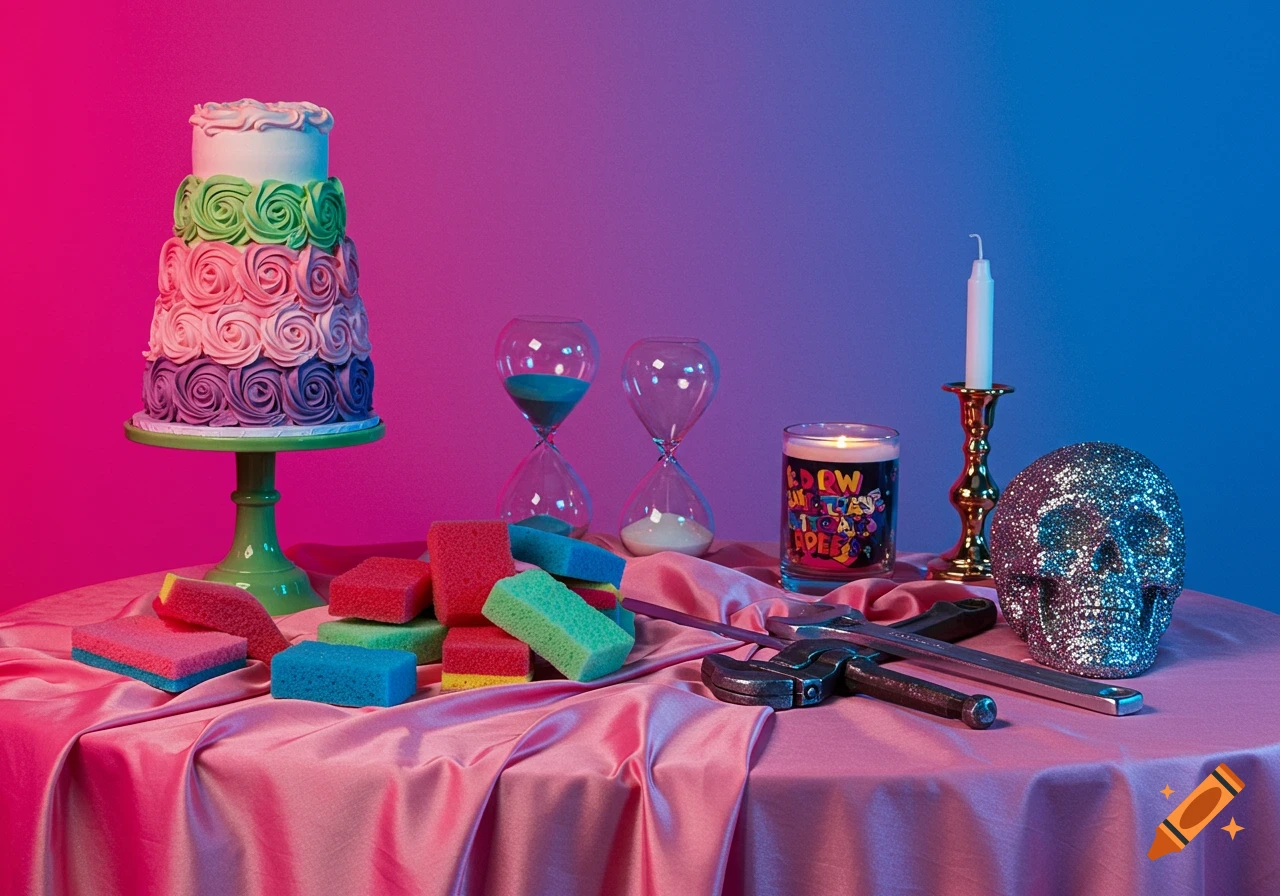 Vibrant still life of a tiered cake, colorful sponges, hourglasses, a candle, a glittery skull, and wrenches on a pink satin cloth.