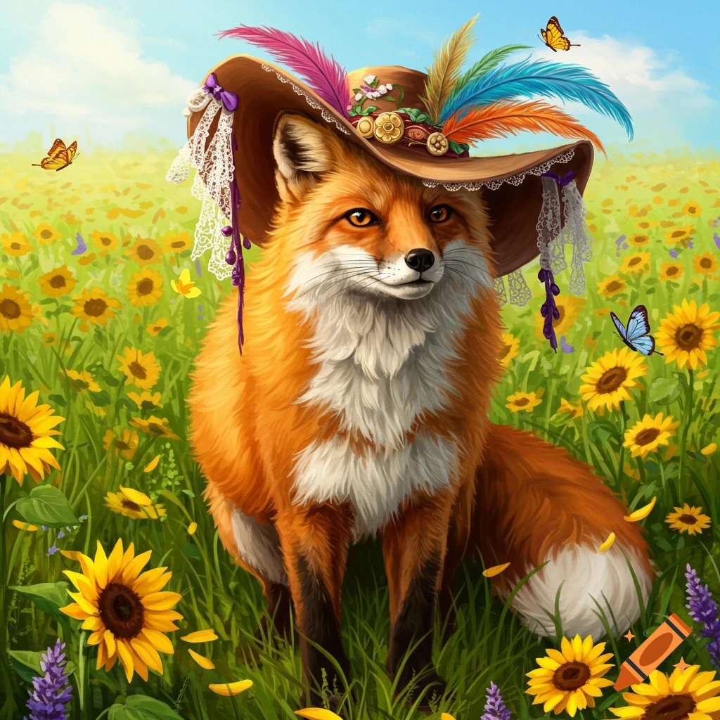 A fox wearing an ornate hat with feathers and lace, standing in a vibrant field of sunflowers and purple flowers under a blue sky with butterflies.