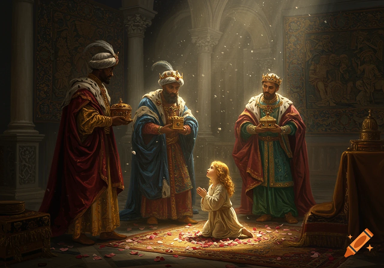 Classical painting: three richly dressed men present golden gifts to a kneeling child on a rug in a grand, dimly lit hall, Rubens style.