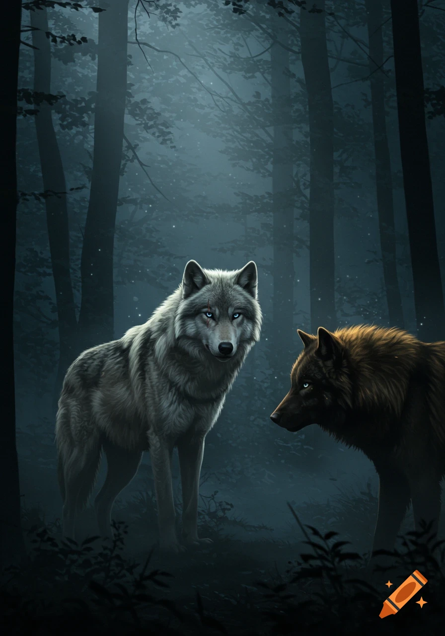 A gray wolf with blue eyes and a scar faces a dark wolf in a moody, foggy forest at night. Digital art.