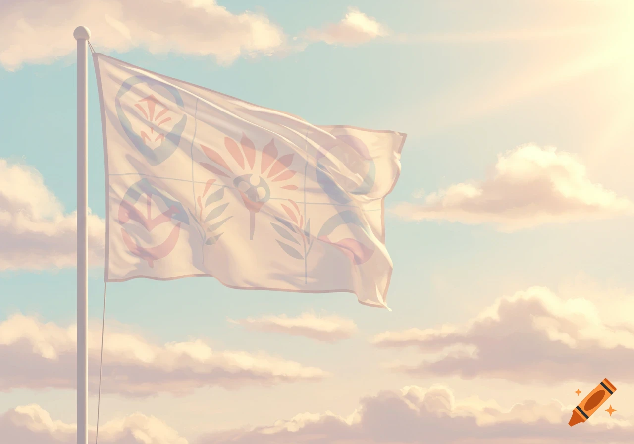 A pastel flag with abstract floral and circular patterns waves against a sunny, cloudy sky.