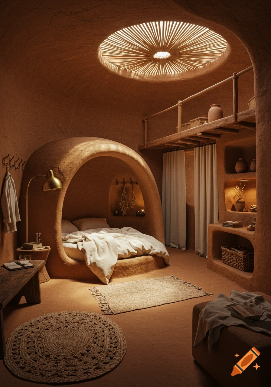 A cozy, earthy bedroom with a bed built into the wall, a round skylight, and natural decor.