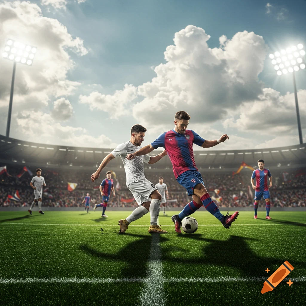 Two soccer players compete for the ball on a stadium field, with bright lights and a cloudy sky, photorealistic.