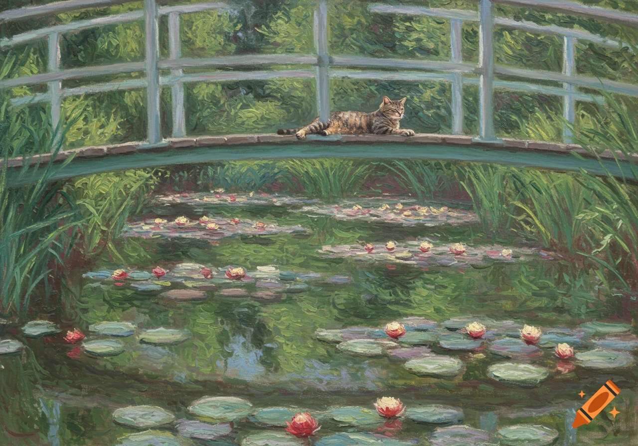 A tabby cat lies on a wooden bridge over a pond of water lilies, in the impressionist style of Claude Monet.
