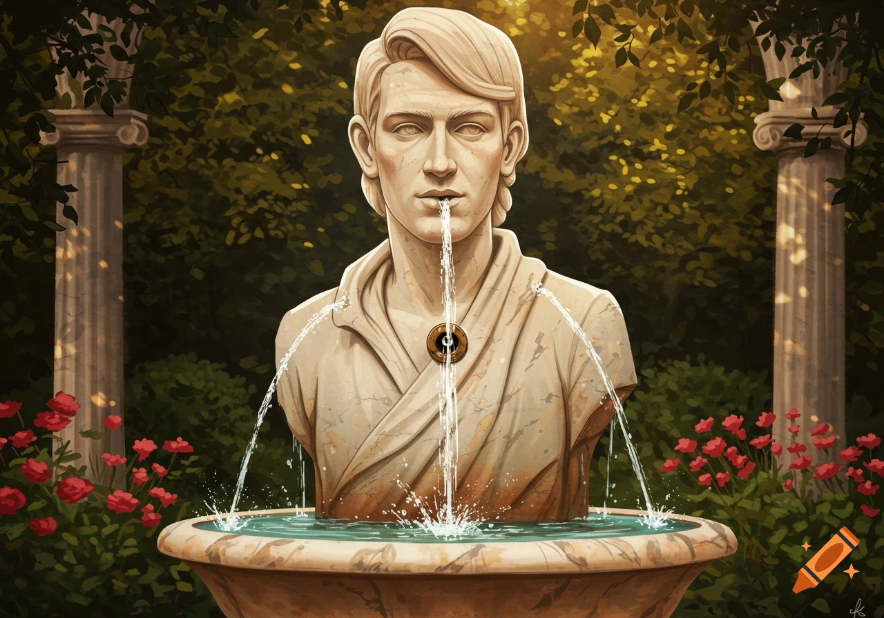 A statue fountain of a man with water spouting from his mouth and chest, set in a lush garden with red flowers and stone columns.