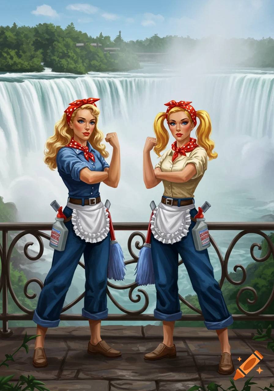 Two retro-styled women in blue overalls and aprons, one with pigtails, flexing their arms in front of Niagara Falls, illustrated.
