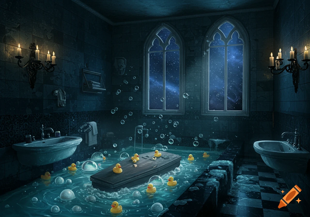 A coffin floats in a bubble bath with rubber ducks in a dark gothic bathroom with arched windows showing a starry night sky.