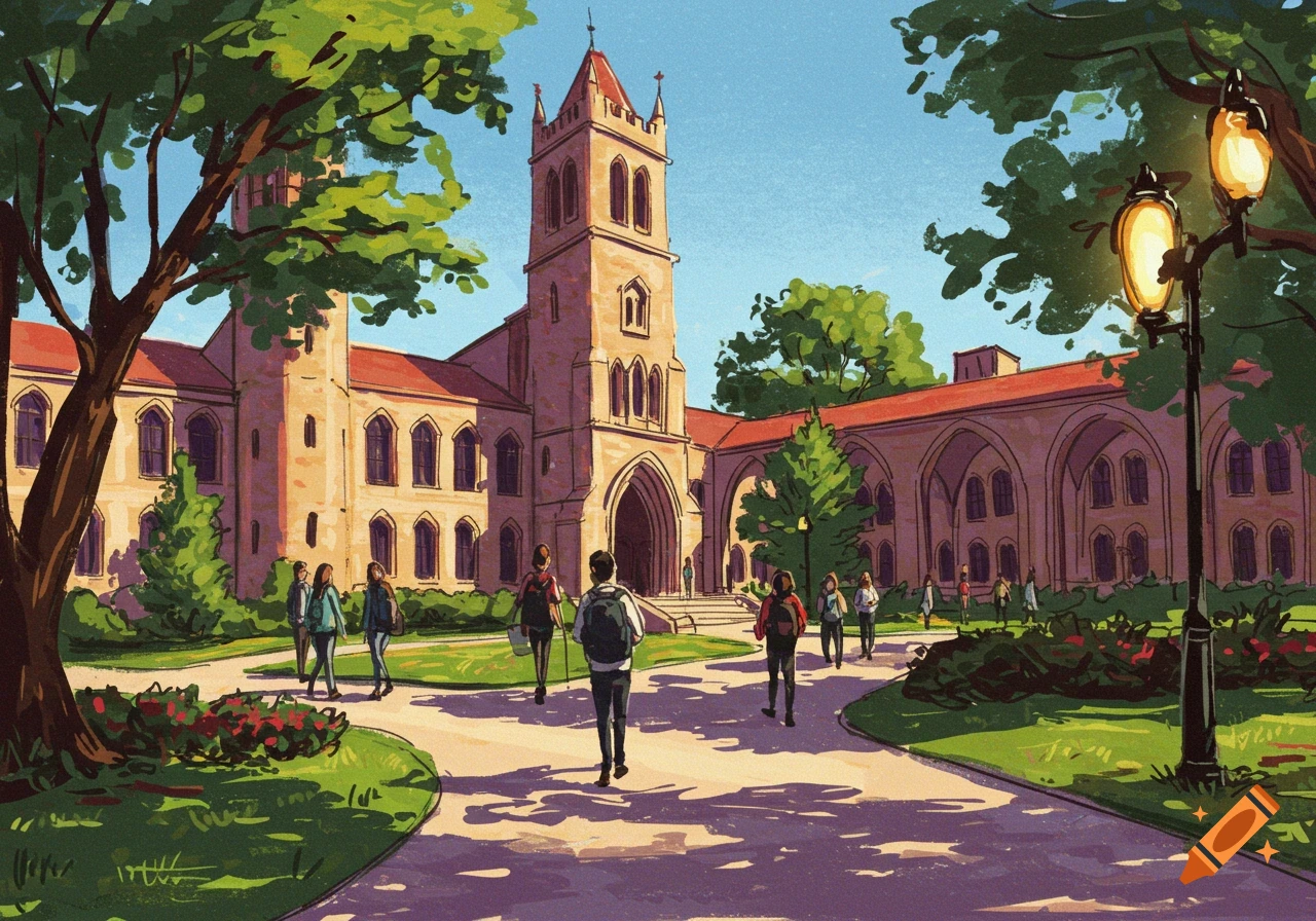 Expressionism drawing of students walking on a sunny university campus with large stone buildings.