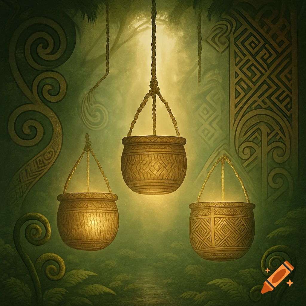 Three glowing, ornate baskets hang from ropes in a dark, mystical forest with intricate patterns on the background, fantasy art.