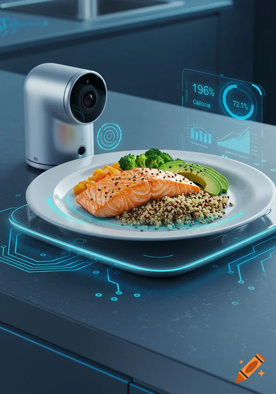 A smartplate with salmon, quinoa, broccoli, and avocado, monitored by a camera and a holographic display showing calorie data.