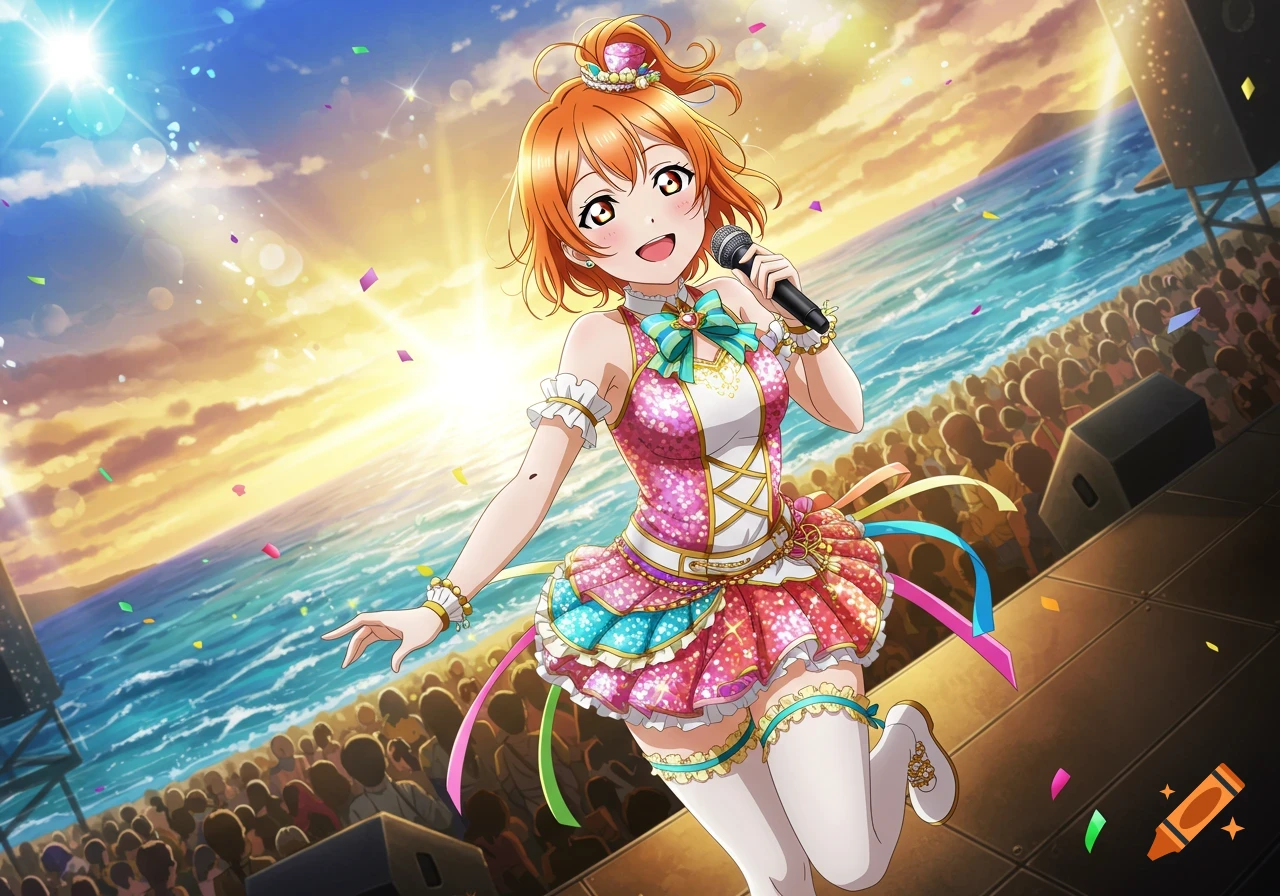 An energetic anime idol with orange hair sings on a seaside stage at sunset, confetti falling, with a large crowd.