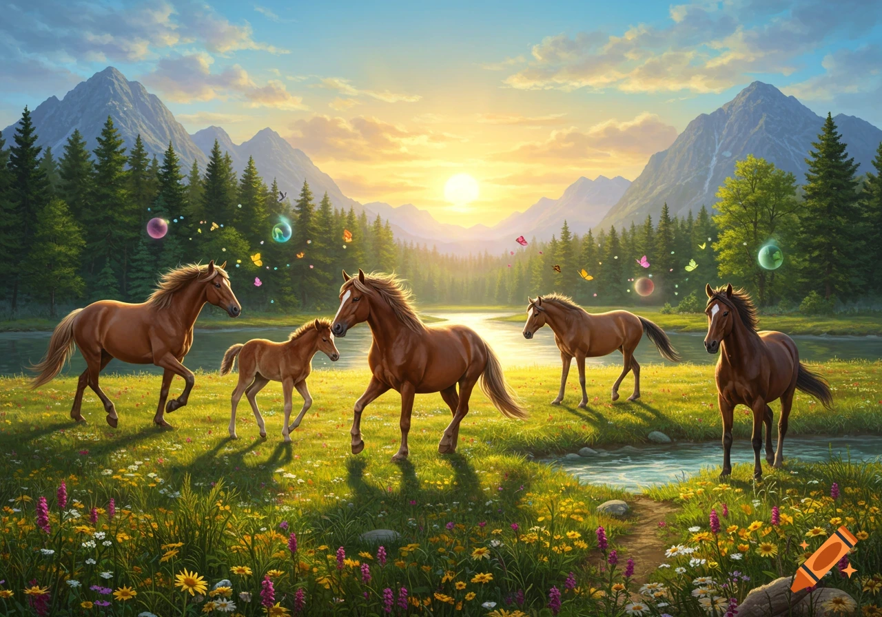 Five horses and a foal in a vibrant, sunlit meadow with mountains, river, butterflies, and glowing orbs, illustrative style.