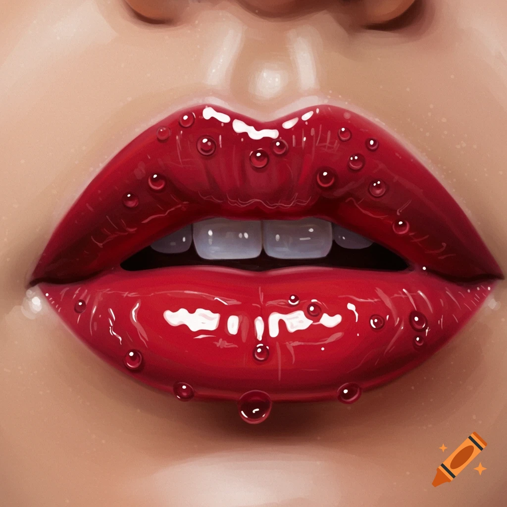 Close-up digital illustration of luscious red lips with glistening water droplets.