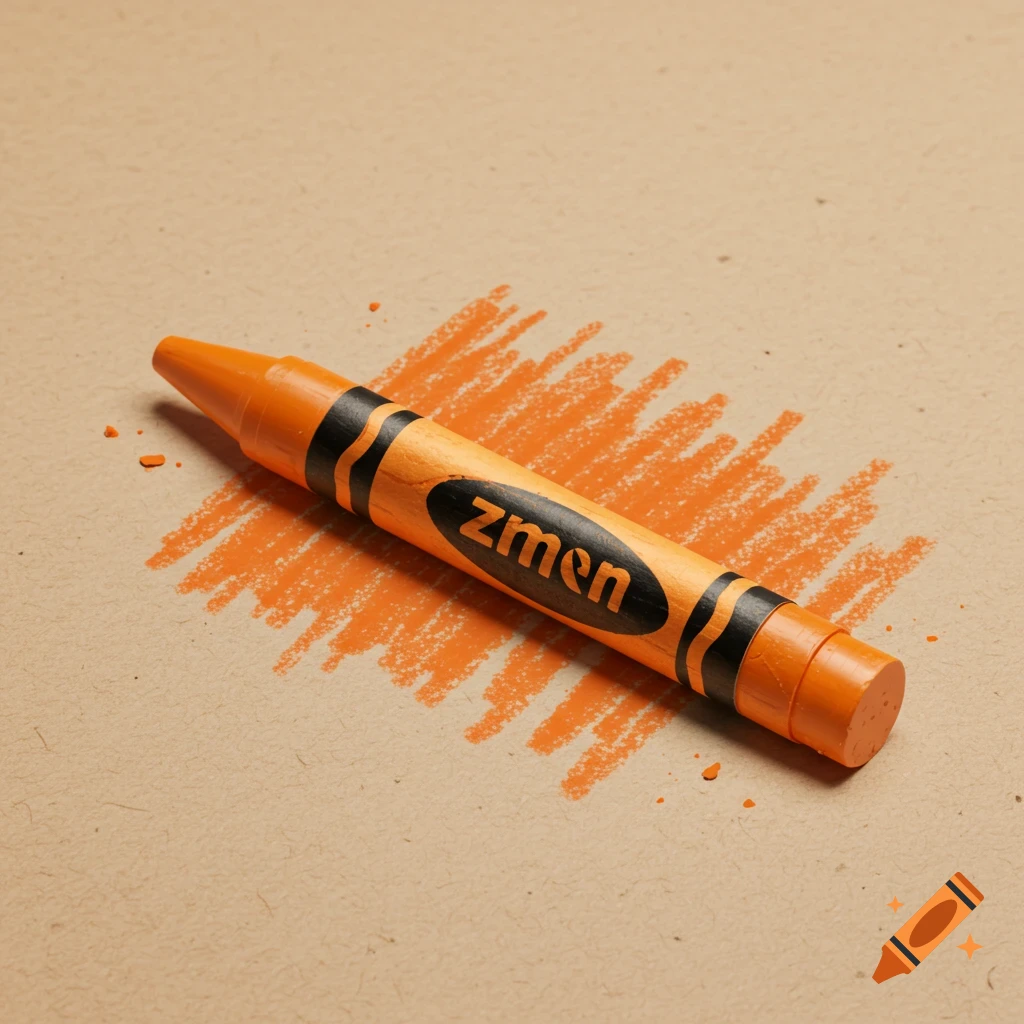 An orange crayon with black stripes lies on light brown paper, leaving orange scribbles and wax crumbs.