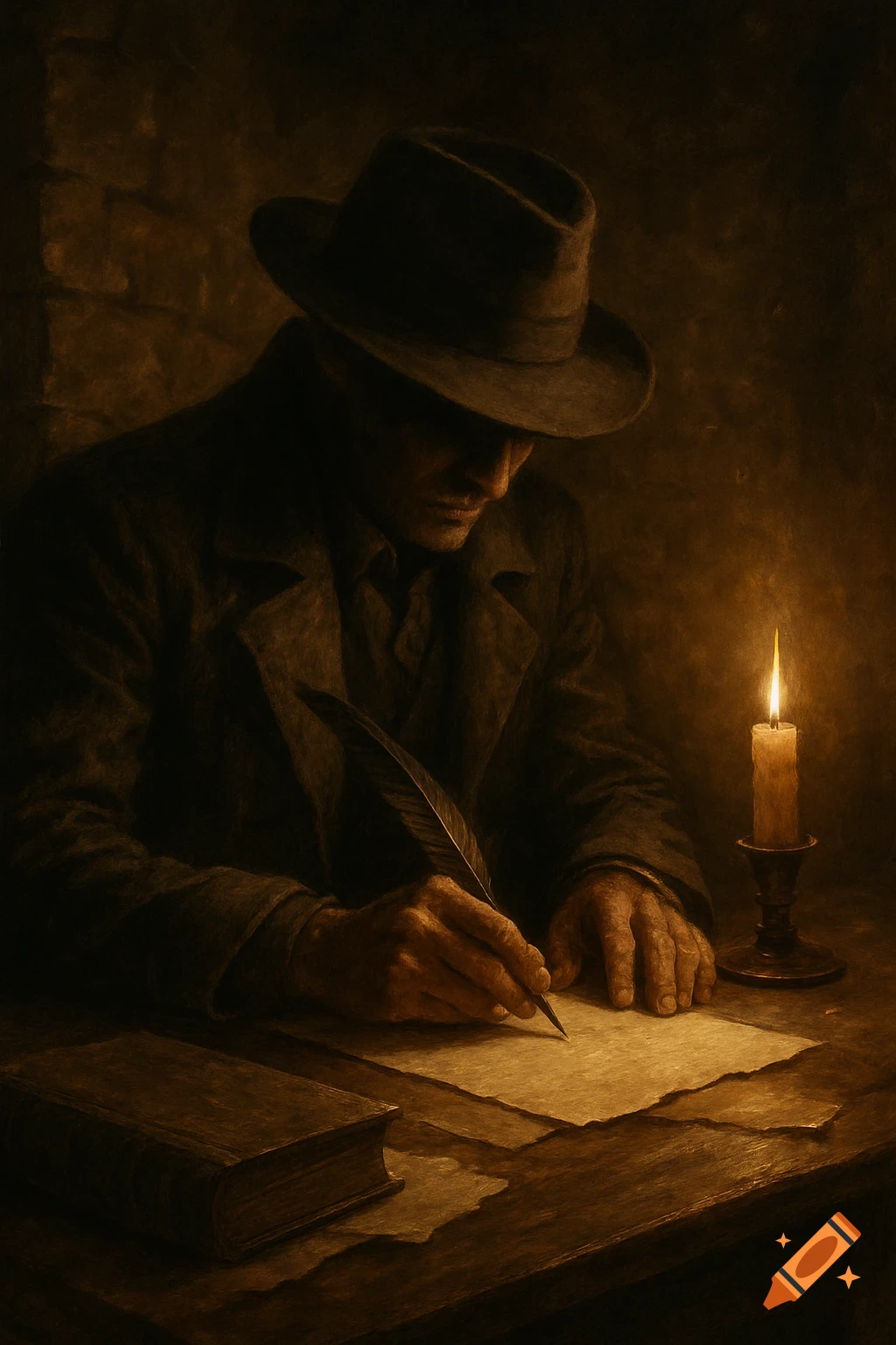 Man in a hat writing with a quill by candlelight, a book beside him, in a dark, painterly style.