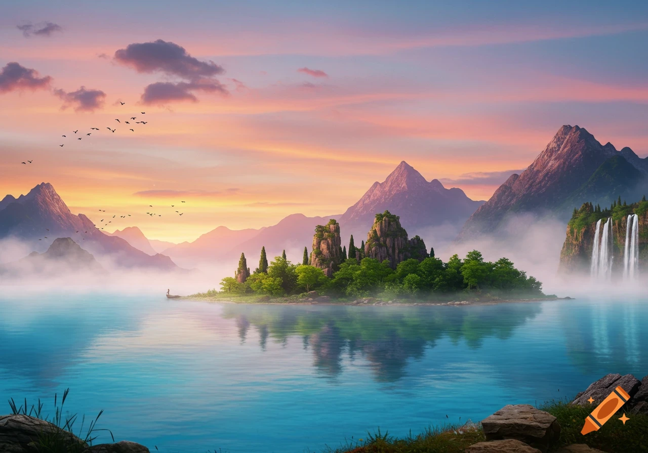 A serene landscape features a calm blue lake, a lush island with trees and rock formations, misty mountains, and a waterfall under a vibrant sunset sky with birds flying.