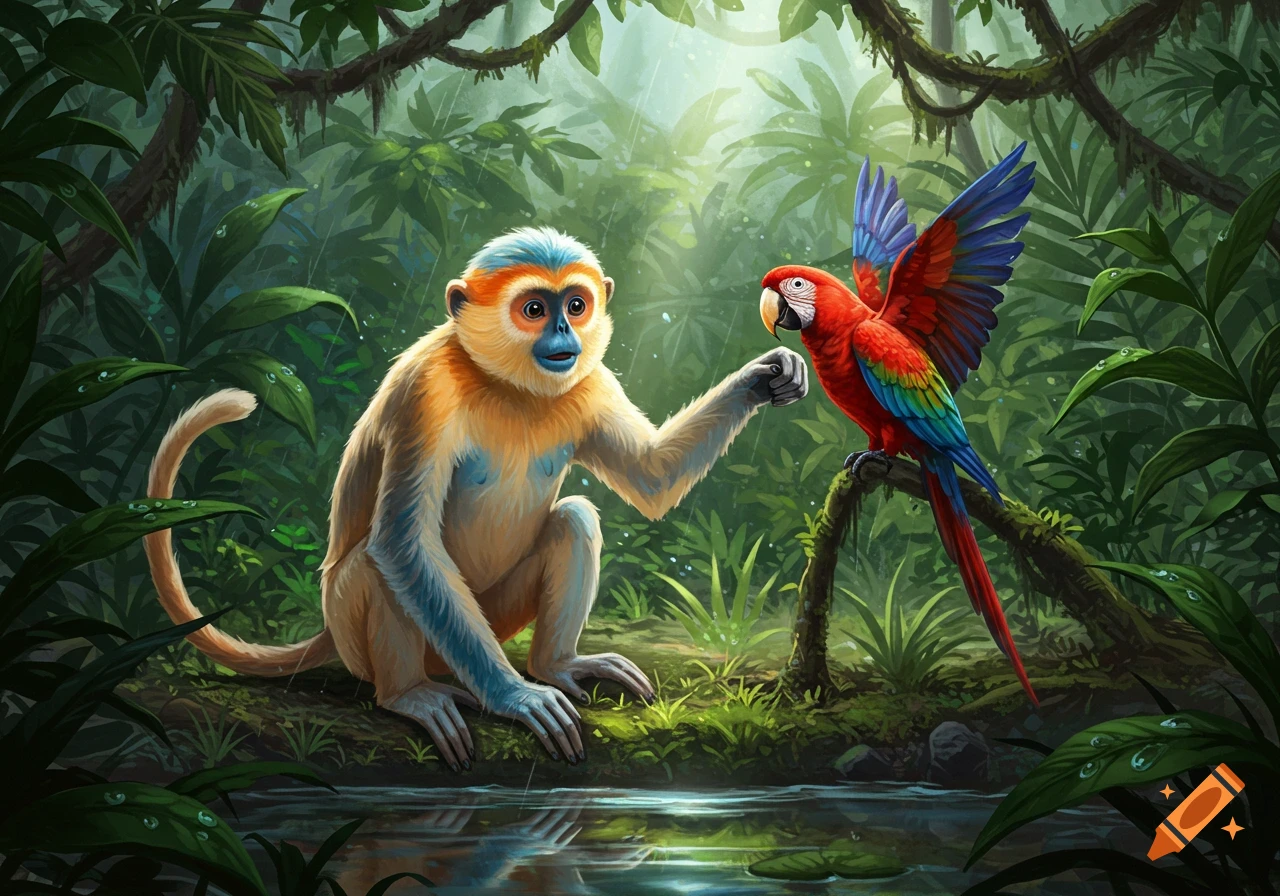 A colorful monkey and a red, blue, and green parrot interacting in a lush green jungle by a reflective pool, digital art.