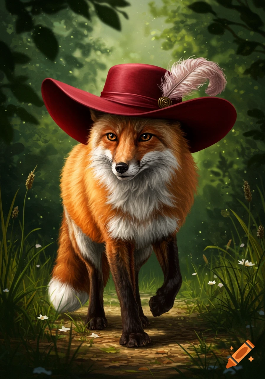 A whimsical fox with orange and white fur wears a wide-brimmed red hat with a feather, walking on a path in a verdant forest.
