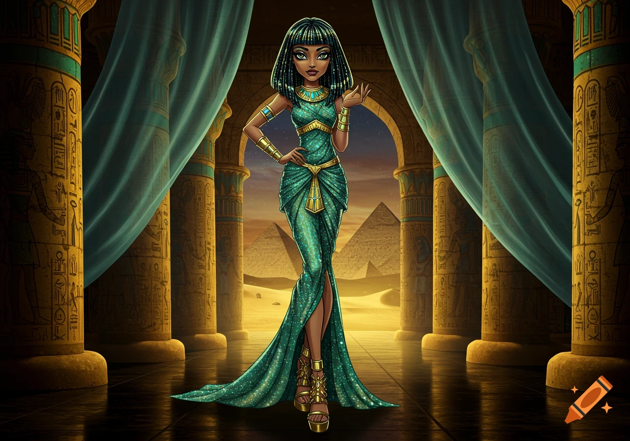 A stylized dark-skinned woman, inspired by Cleopatra, in a sparkling teal and gold dress stands in an Egyptian temple with pyramids behind her.