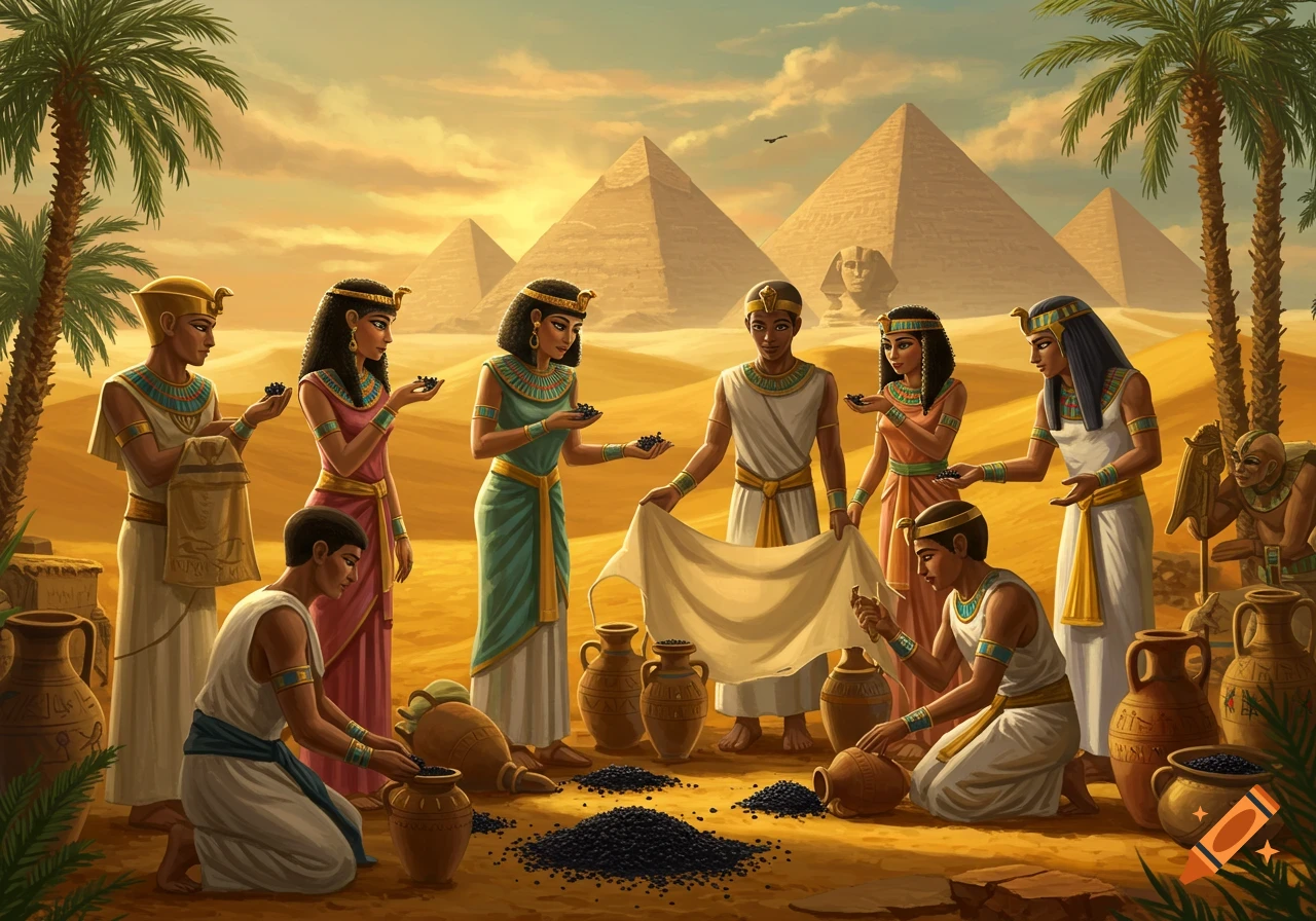 Illustration of ancient Egyptians gathering black seeds in the desert, with pyramids and the Sphinx under a sunset sky.