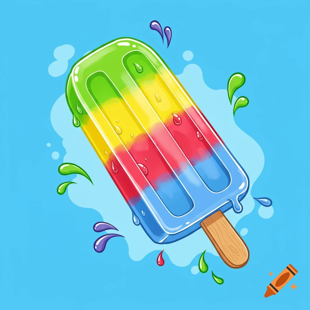 Vibrant cartoon popsicle with green, yellow, red, and blue layers, melting slightly with colorful drips on a light blue background.