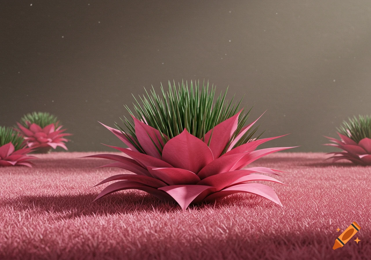 A stylized pink plant with green spiky leaves on pink grass under a dark sky, with blurred plants in the background.