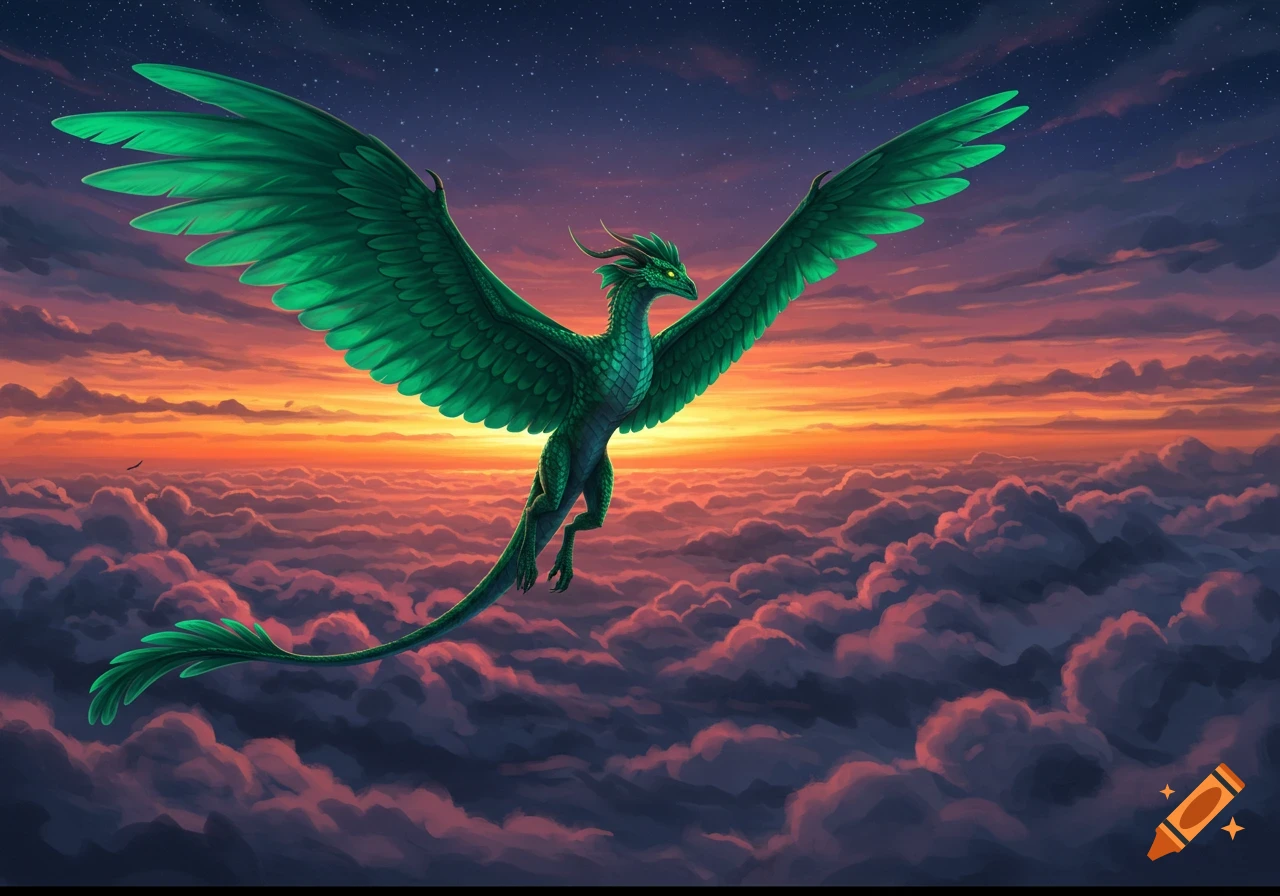 A vibrant green winged dragon with scales and feathers flies above a sea of clouds under a starry, orange and purple twilight sky.