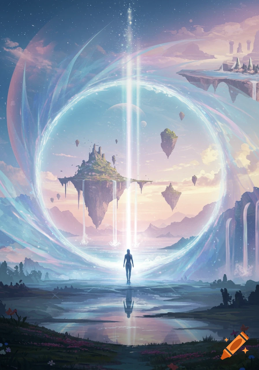 A lone figure stands on a reflective surface in a fantastical landscape with floating islands, waterfalls, and a luminous portal.